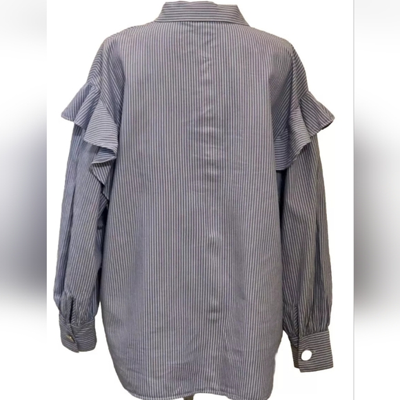 Zara Woman Blue Pinstripe Ruffle Shoulder Frill Button UP Long Sleeve Blouse PL - Picture 10 of 15